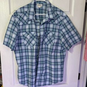 Magellan Outdoors Blue and Green Plaid Short Sleeve Button-Up